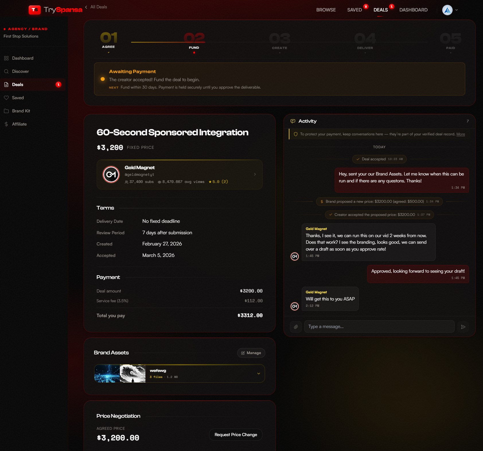 TrySpansa Deal Dashboard \u2014 5-step deal flow with real-time chat, payment protection, price negotiation, and brand assets